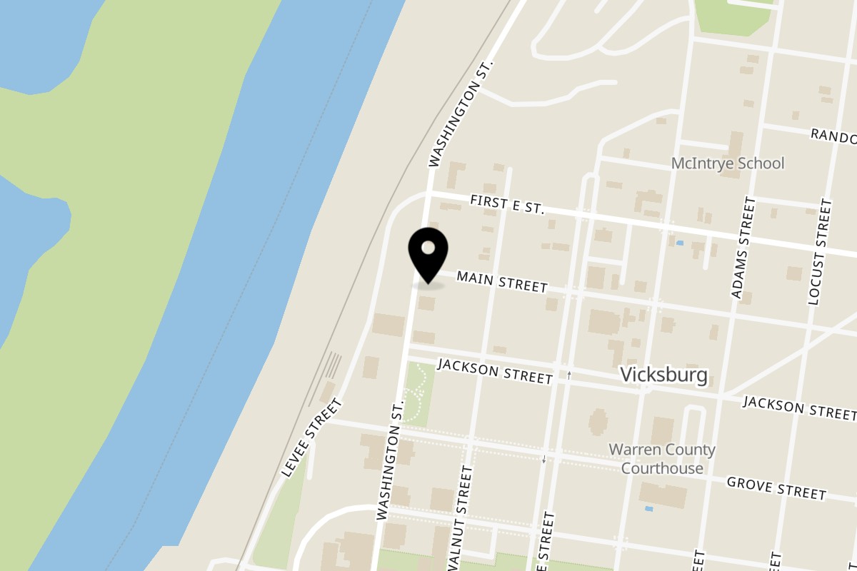 Map showing the location of Rusty's Riverfront Grill on 901 Washington St in Vicksburg